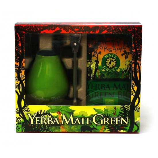 ZESTAW YERBA MATE BIO 400 g, MATERO (LOSOWY WZÓR), BOMBILLA - ORGANIC MATE GREEN